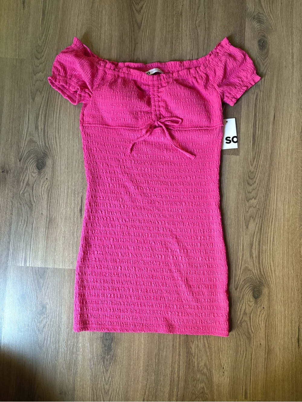 SO Hot Pink Smocked Off-Shoulder Tie-Front Mini Dress Medium